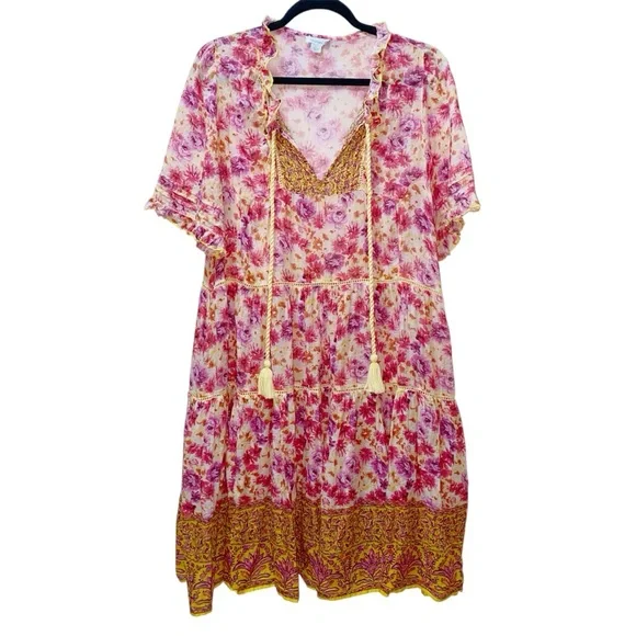Sundance Fields of Beauty Dress Pink Yellow Tiered Tassel Tie Midi Size Large - Picture 2 of 14